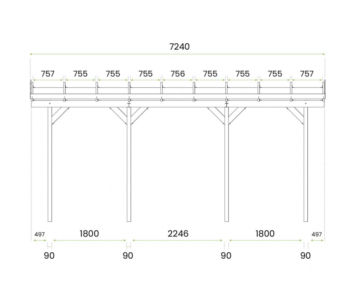 Wiata przyścienna garażowa drewniana 350 x 724 cm Wiata przyścienna garażowa drewniana 350 x 724 cm