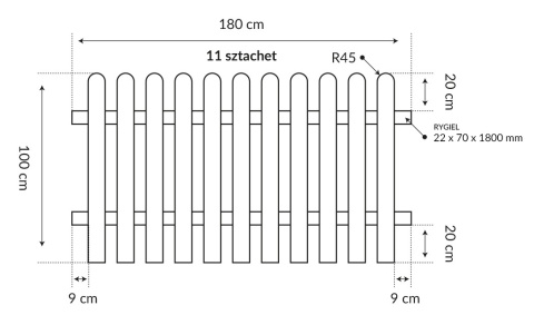 Płot sztachetowy 180 x 80 cm grubość 44mm drewniany impregnowany Premium Płot sztachetowy 180 x 80 cm grubość 44mm drewniany impregnowany Premium