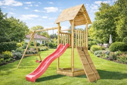 Plac zabaw do ogrodu dla dzieci Alex z podwójną huśtawką i rampą z liną