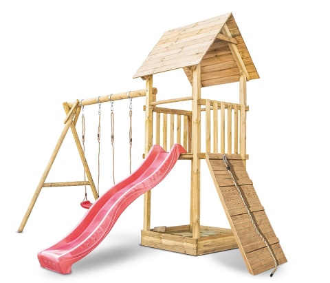 Plac zabaw do ogrodu dla dzieci Alex z podwójną huśtawką i rampą z liną