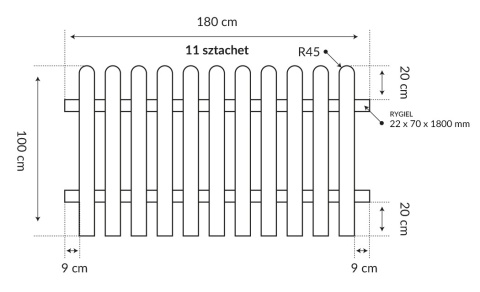 Płot sztachetowy 180 x 80 cm grubość 44mm drewniany impregnowany Premium Płot sztachetowy 180 x 80 cm grubość 44mm drewniany impregnowany Premium