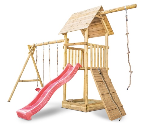 Plac zabaw do ogrodu dla dzieci Alex z podwójną huśtawką, liną do wspinania i rampą z liną