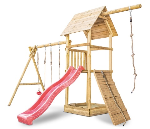 Plac zabaw do ogrodu dla dzieci Alex z podwójną huśtawką, liną do wspinania i rampą z liną