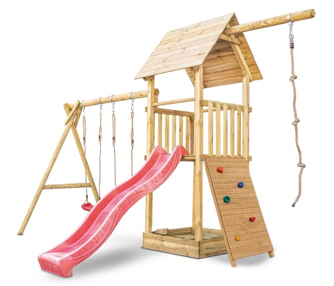 Plac zabaw do ogrodu dla dzieci Alex z podwójną huśtawką, liną do wspinania i ścianką wspinaczkową