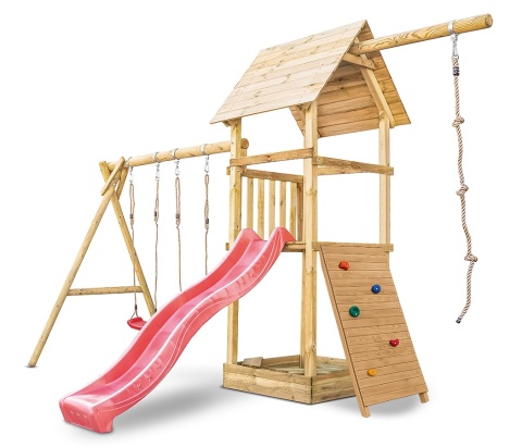 Plac zabaw do ogrodu dla dzieci Alex z podwójną huśtawką, liną do wspinania i ścianką wspinaczkową