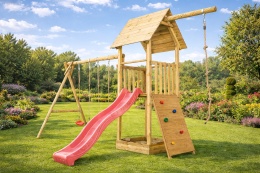 Plac zabaw do ogrodu dla dzieci Alex z podwójną huśtawką, liną do wspinania i ścianką wspinaczkową