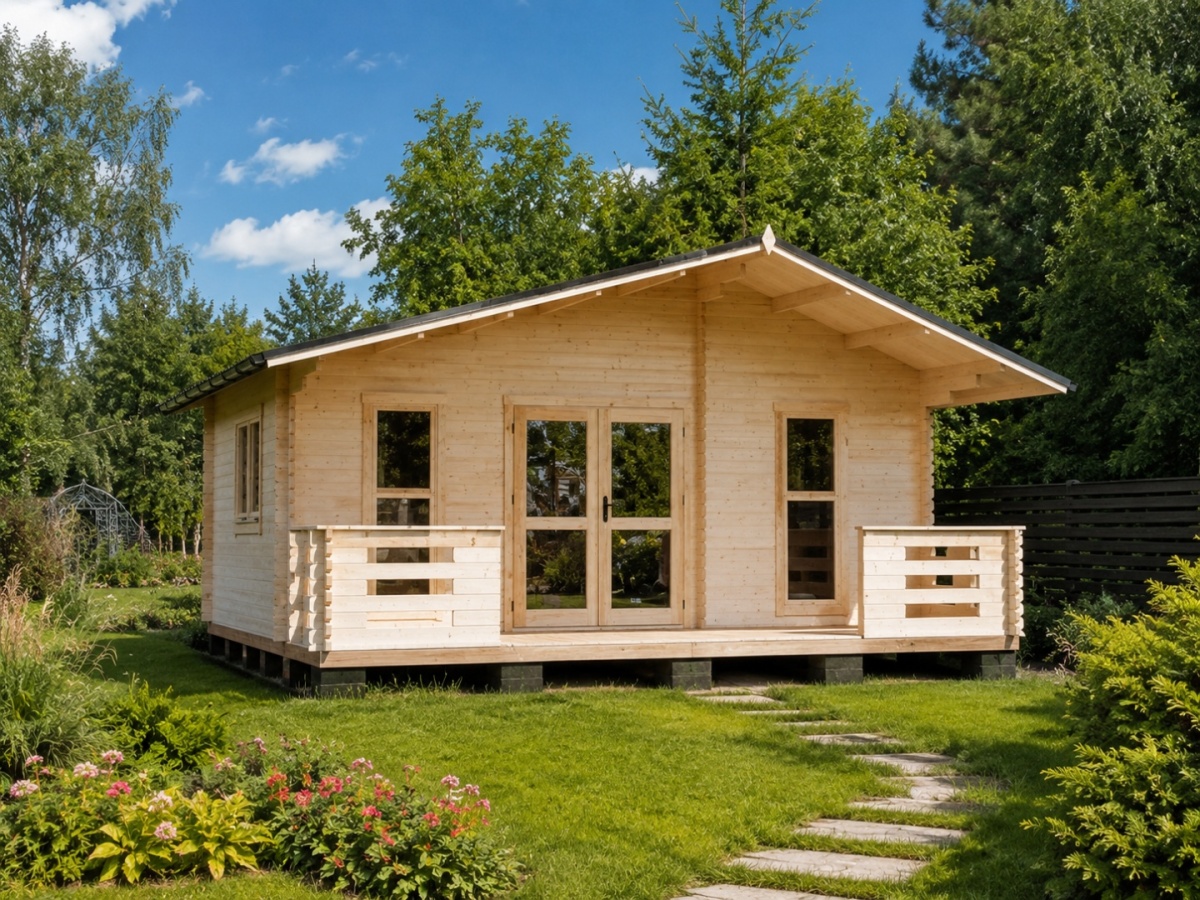 Domek Sunny 600 x 600 cm z okiennicami, parterowy domek z bala 44 mm z tarasem