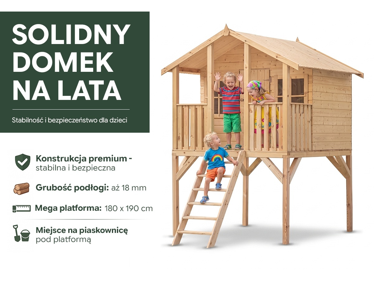 Drewniany domek zabaw Borys z piętrem na słupach, tarasem z barierką i dwoma oknami z tworzywa