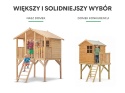 Drewniany plac zabaw Borys 1 ze zjeżdżalnią, huśtawką i rampą z liną oraz domkiem drewnianym dla dzieci - różne widoki