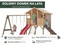 Drewniany plac zabaw Borys 1 ze zjeżdżalnią, huśtawką i rampą z liną oraz domkiem drewnianym dla dzieci - widok całościowy