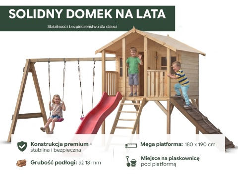 Drewniany plac zabaw Borys 1 ze zjeżdżalnią, huśtawką i rampą z liną oraz domkiem drewnianym dla dzieci - widok całościowy