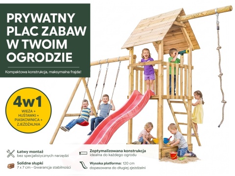 Drewniany plac zabaw do ogrodu dla dzieci Alex z podwójną huśtawką i liną do wspinania