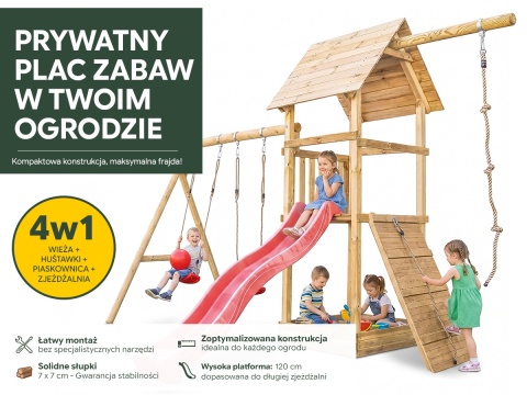 Plac zabaw do ogrodu dla dzieci Alex z podwójną huśtawką, liną do wspinania i rampą z liną