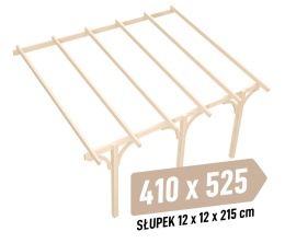Zadaszenie tarasu KVH Sucha Premium - 410 x 525 cm - słupki 12x12x215 cm przyścienne drewniane - zastrzał łuk