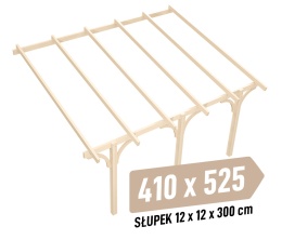 Zadaszenie tarasu KVH Sucha Premium - 410 x 525 cm - słupki 12x12x300 cm przyścienne drewniane - zastrzał łuk