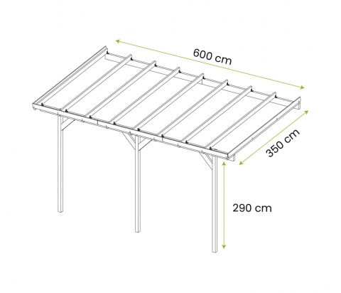 Zadaszenie tarasu ogrodowe przyścienne drewniane 350 x 604 cm