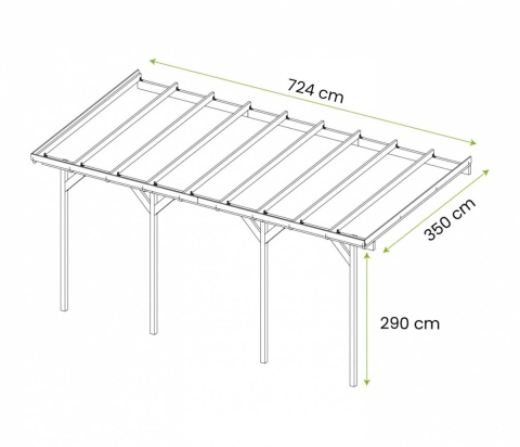 Zadaszenie tarasu ogrodowe przyścienne drewniane 350 x 724 cm