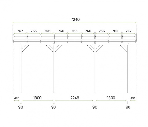 Zadaszenie tarasu ogrodowe przyścienne drewniane 350 x 724 cm