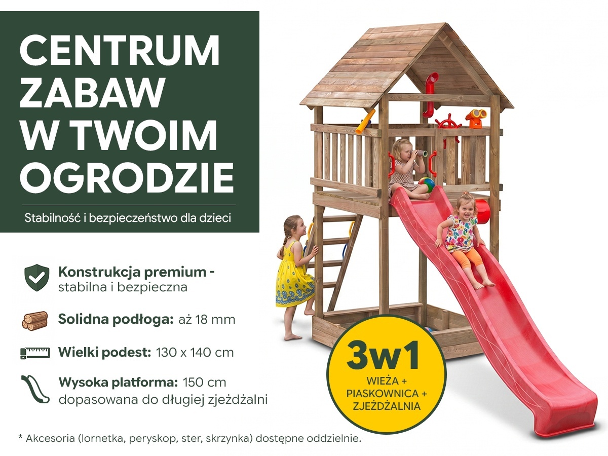Infografika wieży zabaw Tobi ze zjeżdżalnią i piaskownicą - wymiary i elementy zestawu