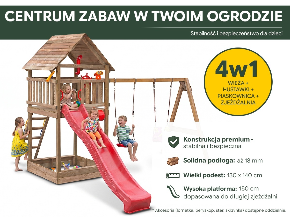 Infografika wieży zabaw Tobi ze zjeżdżalnią, piaskownicą i podw&oacute;jną huśtawką - wymiary i elementy zestawu